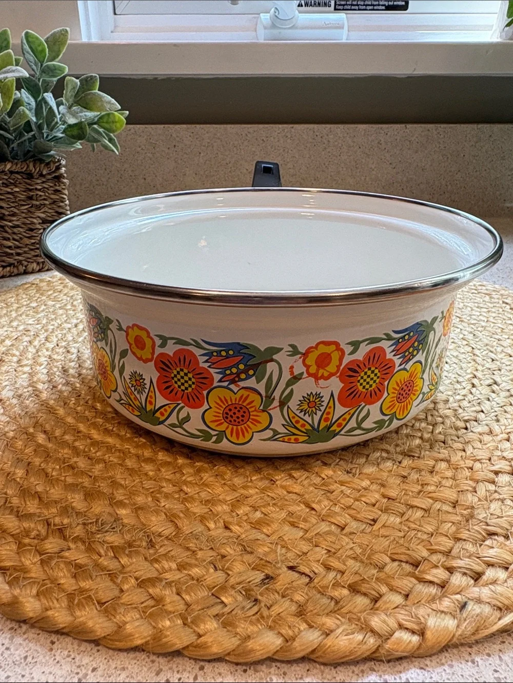 Vintage 1970s Enamelware Saucepan/Pot Flower Power